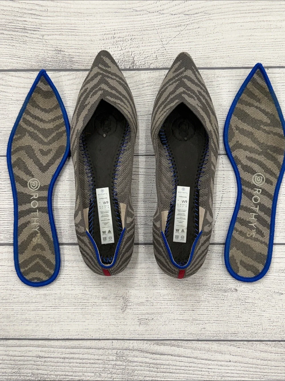 Rothy's Grey Zebra Pointed Knit Flat with Blue Trim